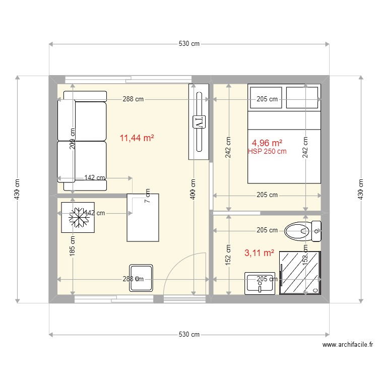 STUDIO. Plan de 3 pièces et 20 m2