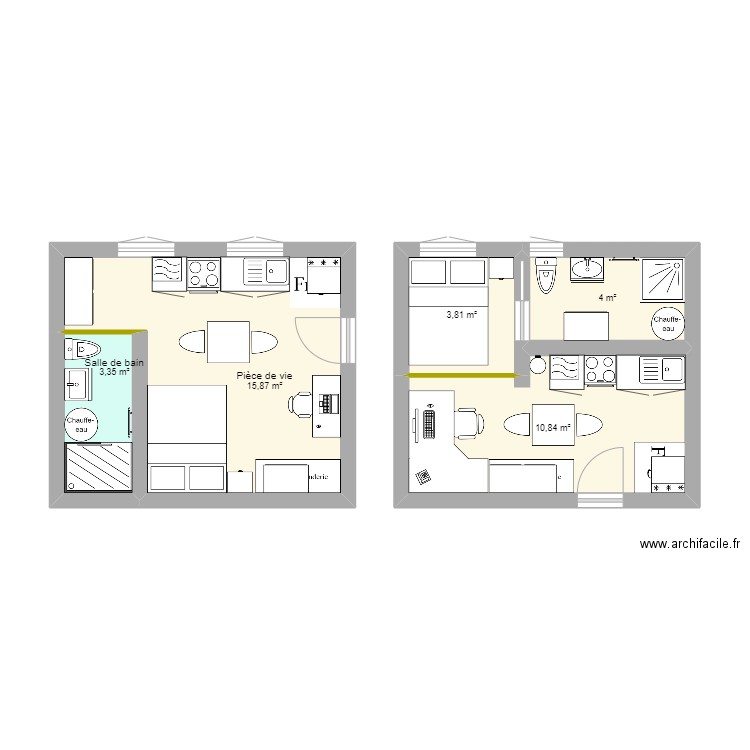 studio 20m². Plan de 5 pièces et 38 m2