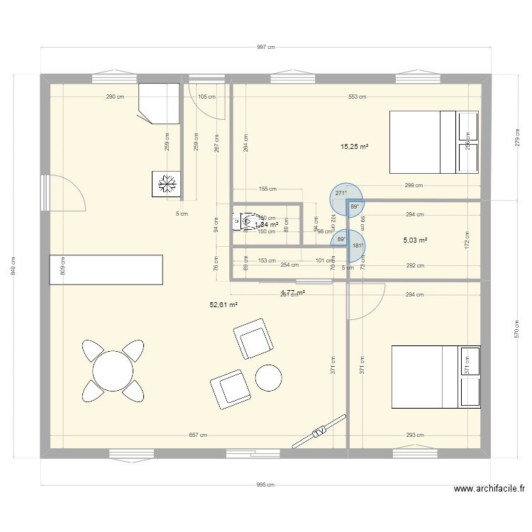 Plan base 2ch. Plan de 5 pièces et 76 m2