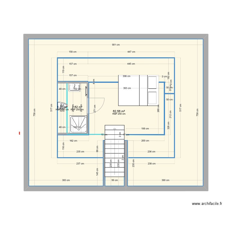 Plan Maison Grenier V2. Plan de 3 pièces et 66 m2