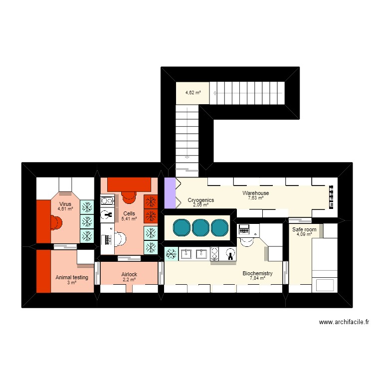 Studio. Plan de 13 pièces et 71 m2