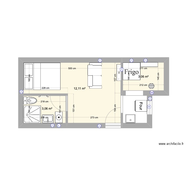 RDC STUDIO DROITE. Plan de 3 pièces et 18 m2