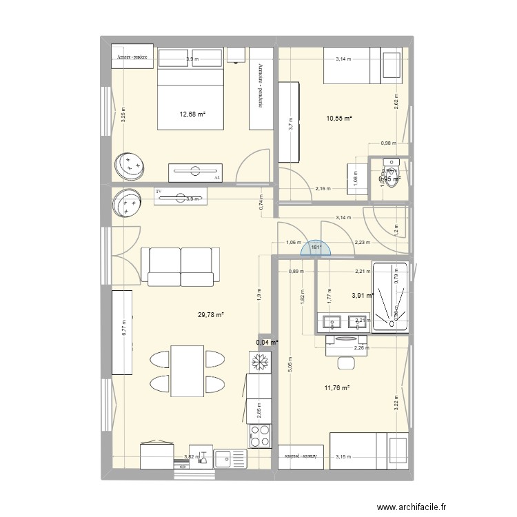 Plan maison meublée. Plan de 7 pièces et 70 m2