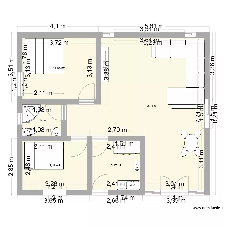 JR2. Plan de 5  et 66 m²
