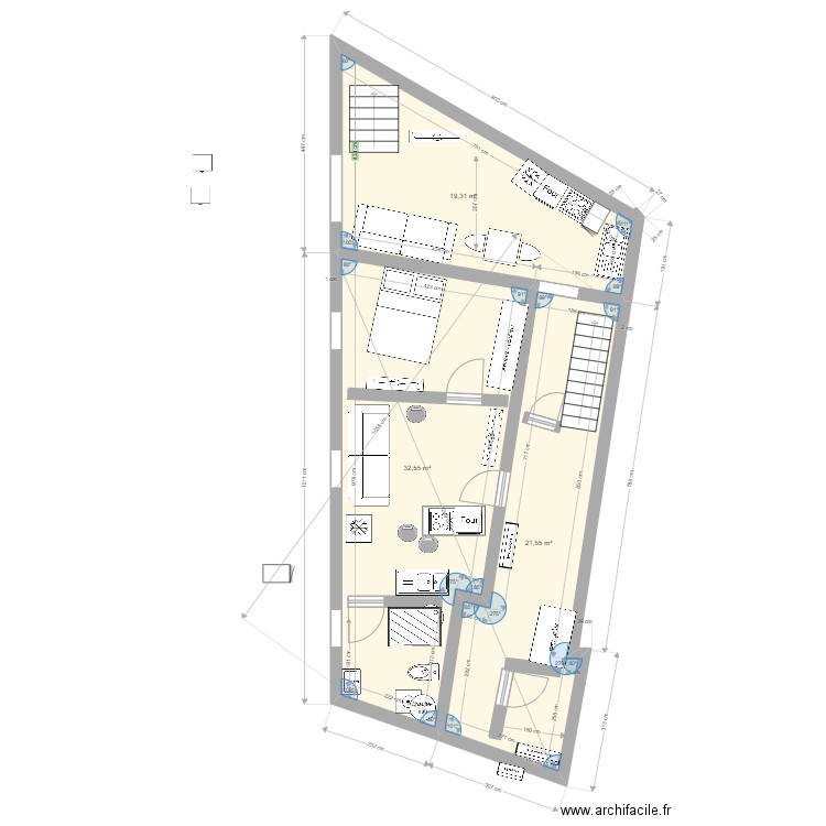 boucherie rdc base 1. Plan de 3 pièces et 73 m2