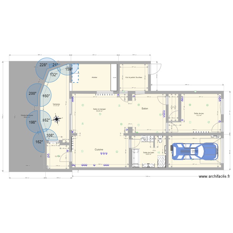 Projet 4ch rez. Plan de 16 pièces et 219 m2