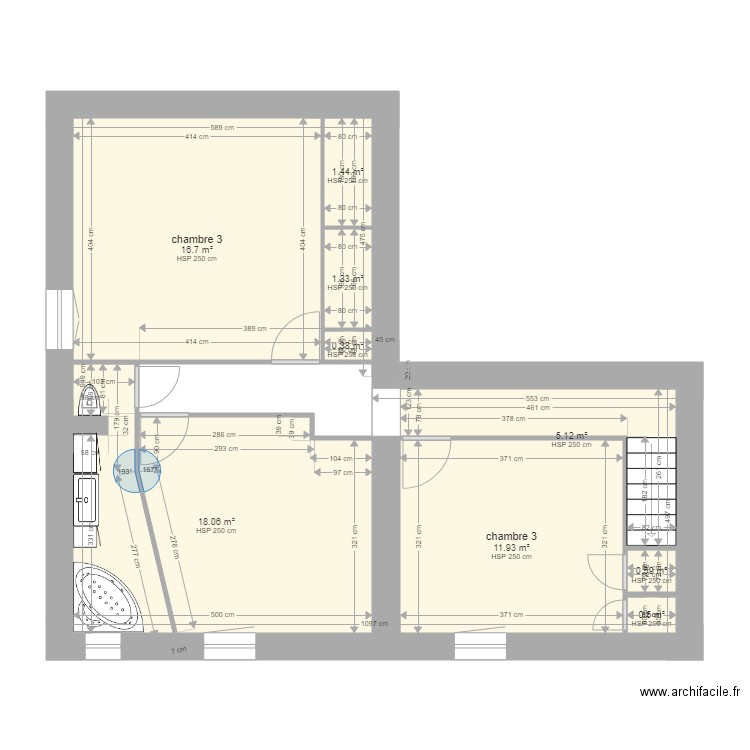 plan projet 3 salle de bain. Plan de 9 pièces et 56 m2