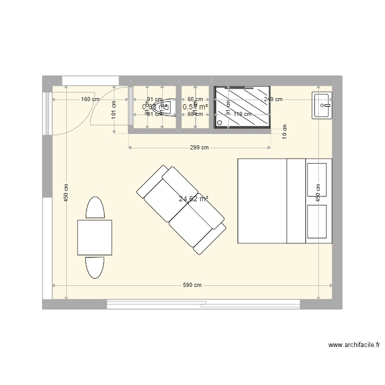 Type 2 M Perwez. Plan de 3 pièces et 26 m2