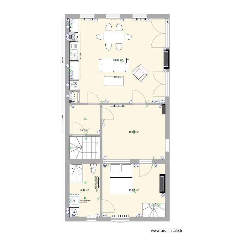 Maison Biâo 1er étage. Plan de 5 pièces et 71 m2