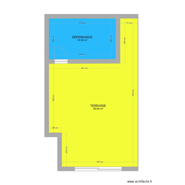 terrasse rdc . Plan de 2 pièces et 47 m2