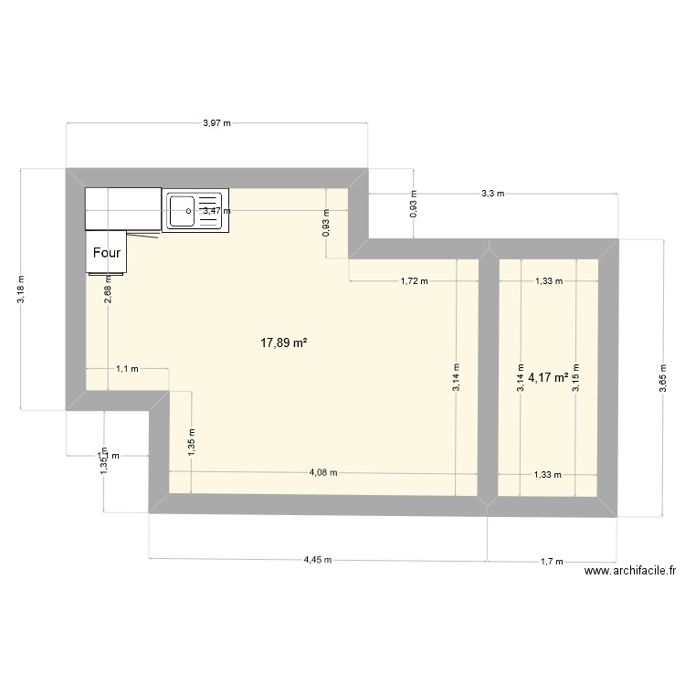 cuisines. Plan de 2 pièces et 22 m2