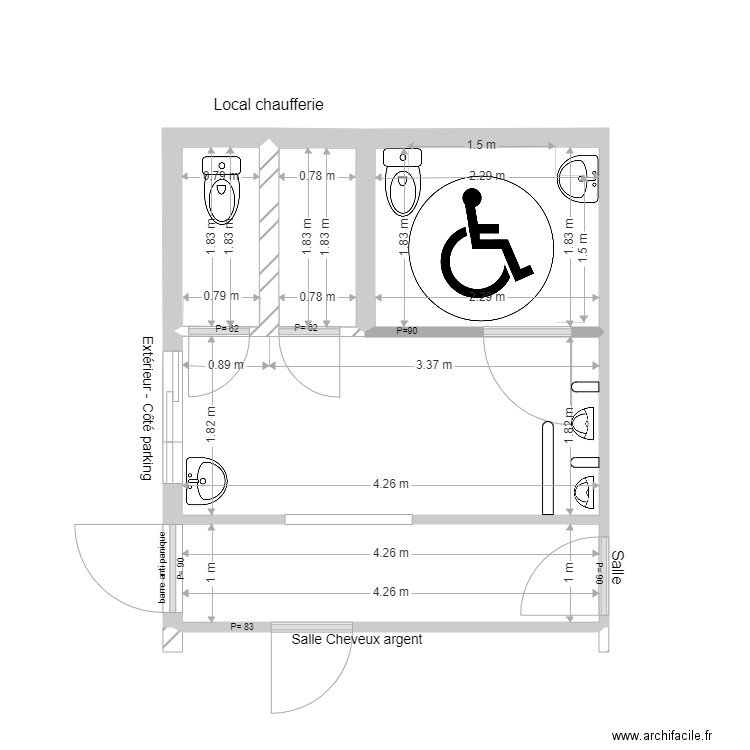 Toillettes salle polyvalente propo v2 pmr. Plan de 5 pièces et 19 m2