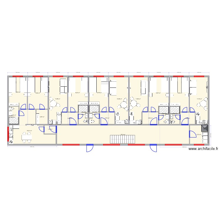 Семейная гостиница 1 этаж. Plan de 24 pièces et 189 m2