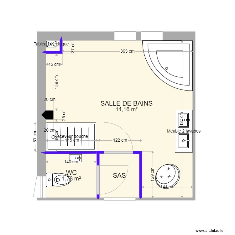 coumert salle de bain angle. Plan de 4 pièces et 17 m2