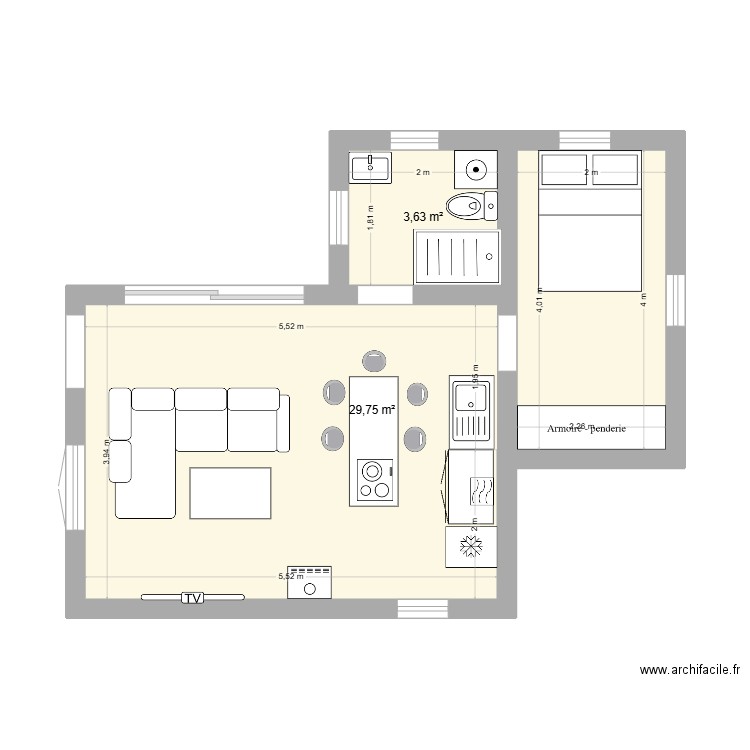 chalet la verdiere. Plan de 2 pièces et 33 m2