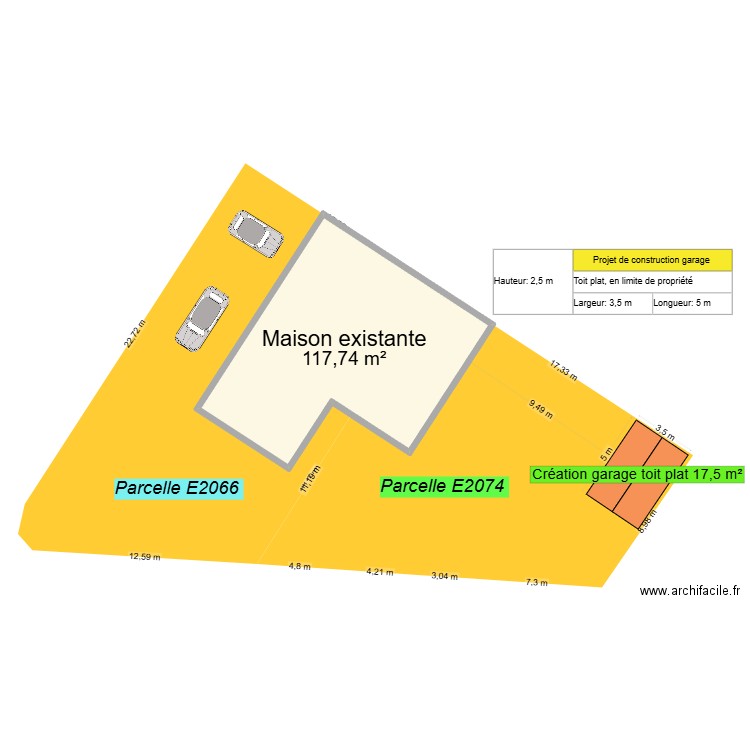 Plan masse projet Parcelles E2074 et E2066. Plan de 1 pièce et 118 m2