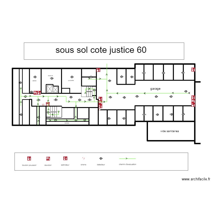 sous sol justice 60. Plan de 38 pièces et 68 m2