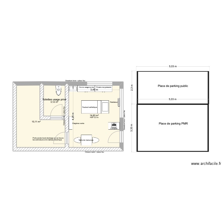 institut. Plan de 3 pièces et 28 m2