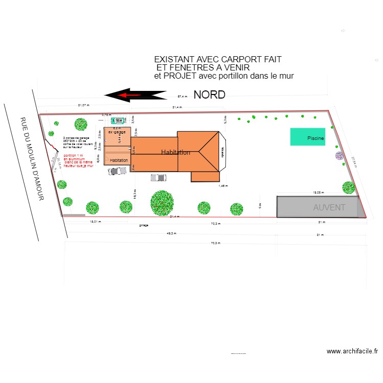 plan de masse existant avec carport fait et baies à venir et projet portillon . Plan de 0 pièce et 0 m2
