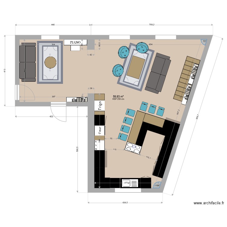 Pièce à vivre étages côtes réelles. Plan de 1 pièce et 60 m2