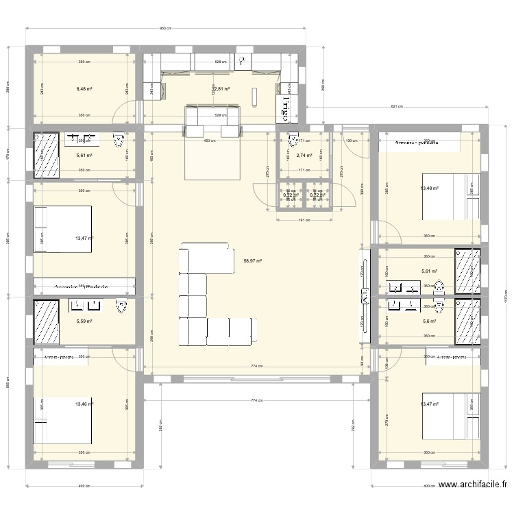 Didier 160422. Plan de 14 pièces et 161 m2