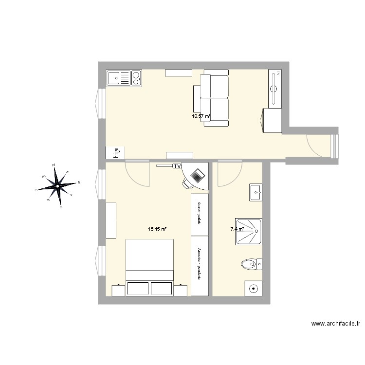 etage 2 loc. Plan de 3 pièces et 40 m2