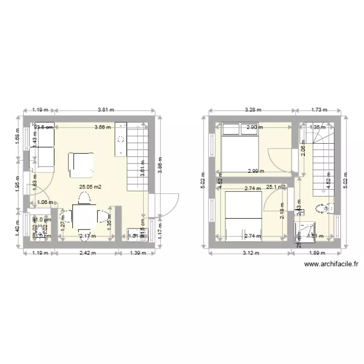 Plan 50m2 en duplex. Plan de 