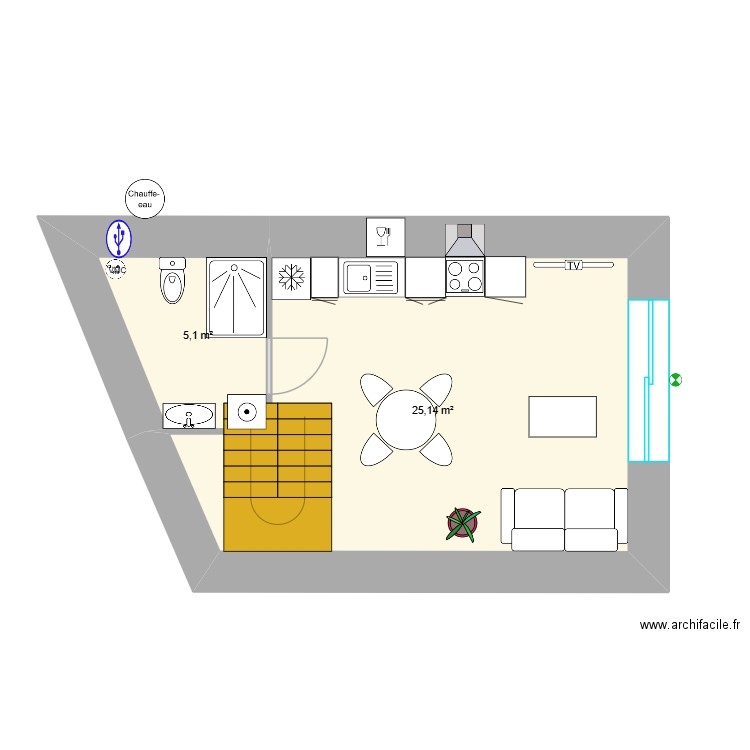 DAMIEN RDC. Plan de 2 pièces et 30 m2