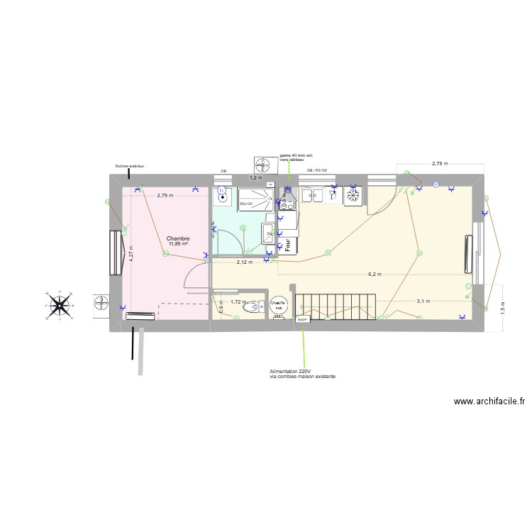 Plan ext Langeot 5 électricité. Plan de 3 pièces et 18 m2