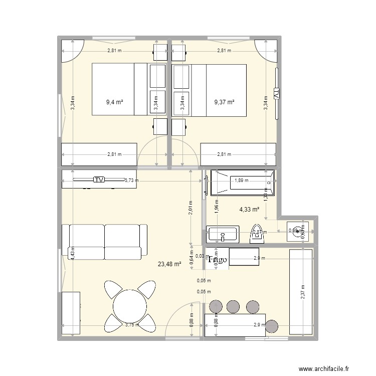 momo n°2 version 3. Plan de 4 pièces et 47 m2