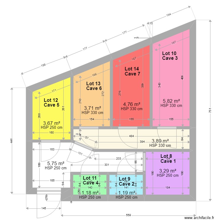 plan 7 caves colorés avec cotations. Plan de 9 pièces et 33 m2