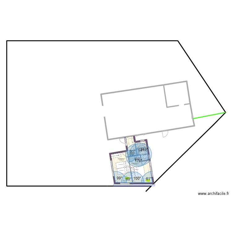 Rectangle 2 Ch 30 M2 WC-SdE avec mur VF. Plan de 5 pièces et 30 m2