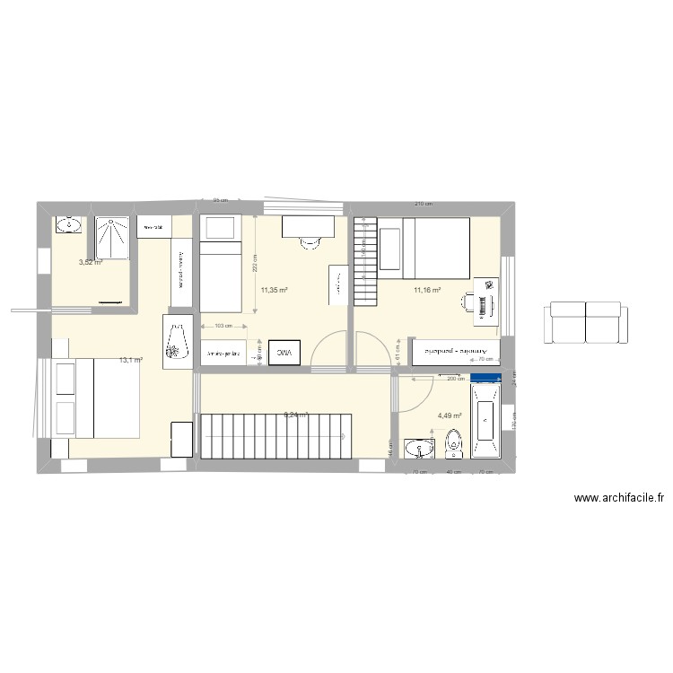 2eme etage version 2. Plan de 6 pièces et 52 m2
