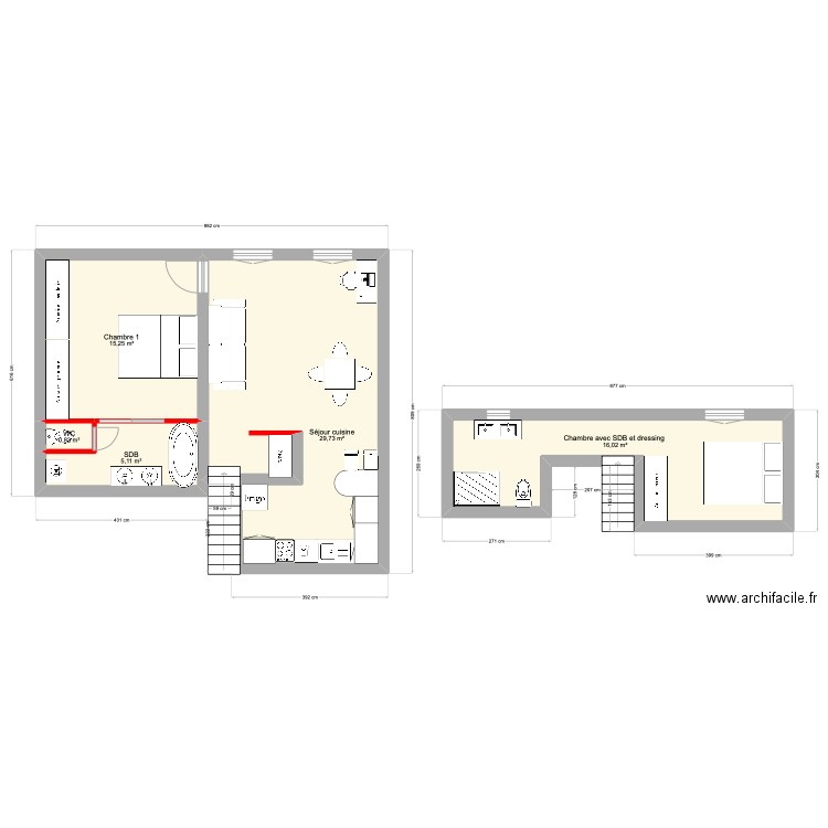 trois pièces . Plan de 5 pièces et 67 m2