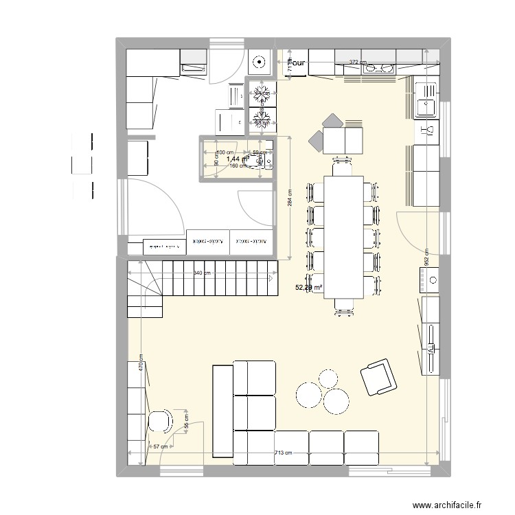 Cuisine muriel mesures table ouverte. Plan de 2 pièces et 54 m2