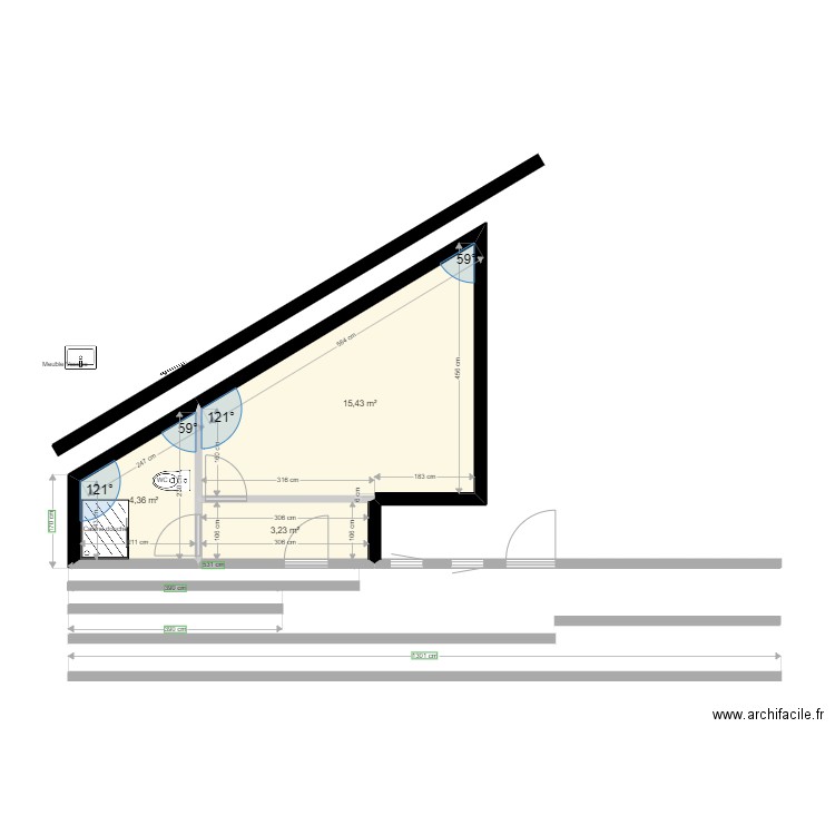 Favone Triangle 1 Ch. Plan de 3 pièces et 23 m2