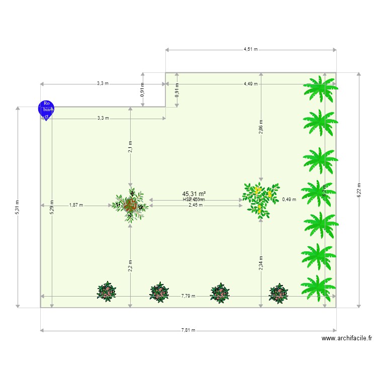 zone devant garage. Plan de 1 pièce et 45 m2