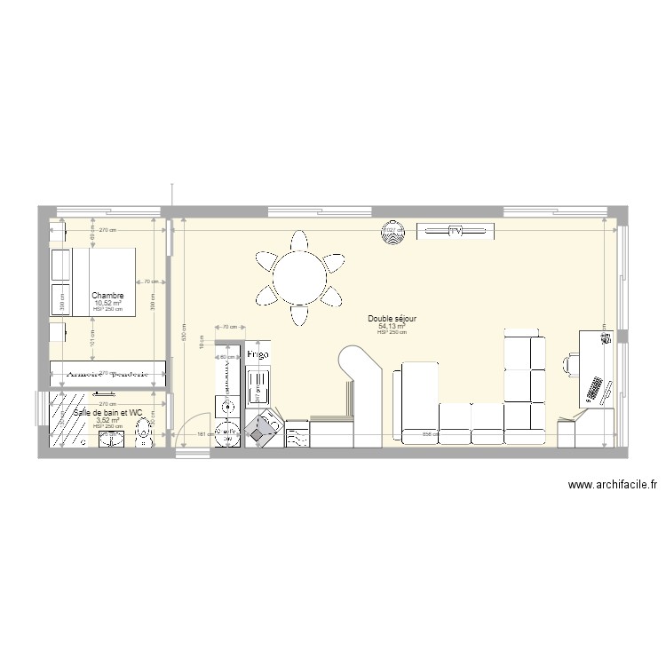 bel oeil  plan projet aménagé étendu. Plan de 3 pièces et 68 m2