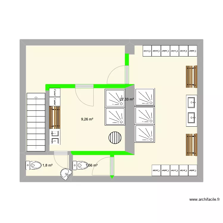 Vestiaires. Plan de 4  et 40 m²