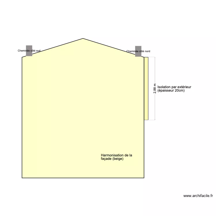 Fa&ccedil;ade de cot&eacute; - apr&egrave;s isolation. Plan de 