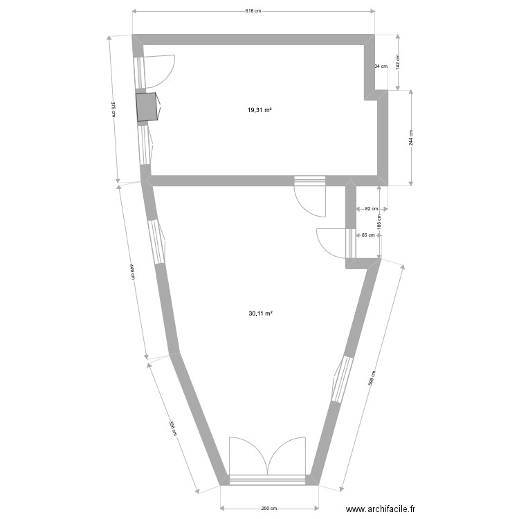 RDC Maison Bibolet - dimensions. Plan de 2 pièces et 49 m2