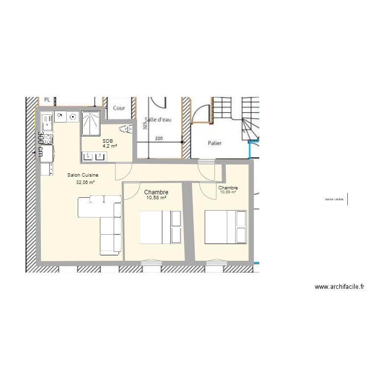 T3 avec metrage. Plan de 3 pièces et 54 m2