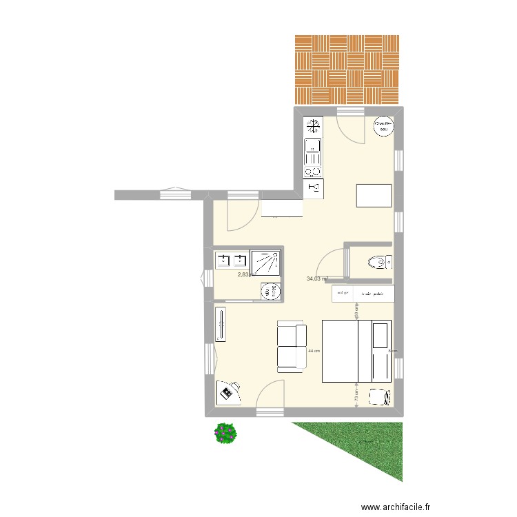 Appart 16B en studio 40m2 V5. Plan de 2 pièces et 37 m2