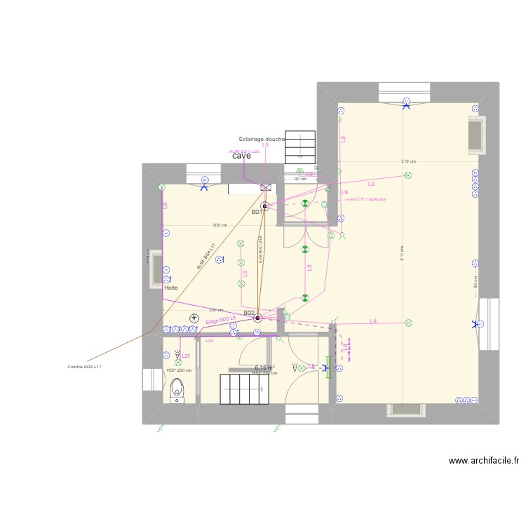 ECL RDC. Plan de 3 pièces et 57 m2