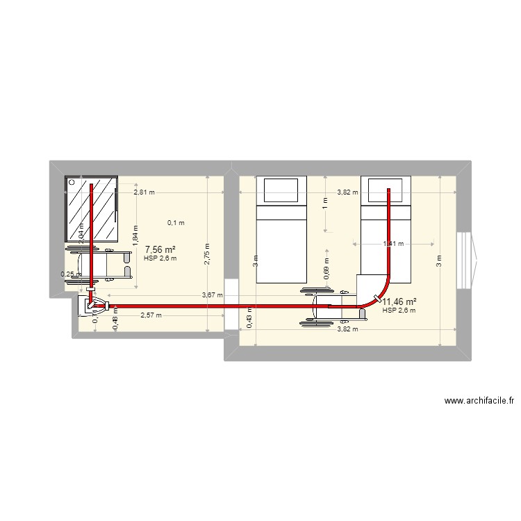 SAUBABER courbe longue. Plan de 2 pièces et 19 m2