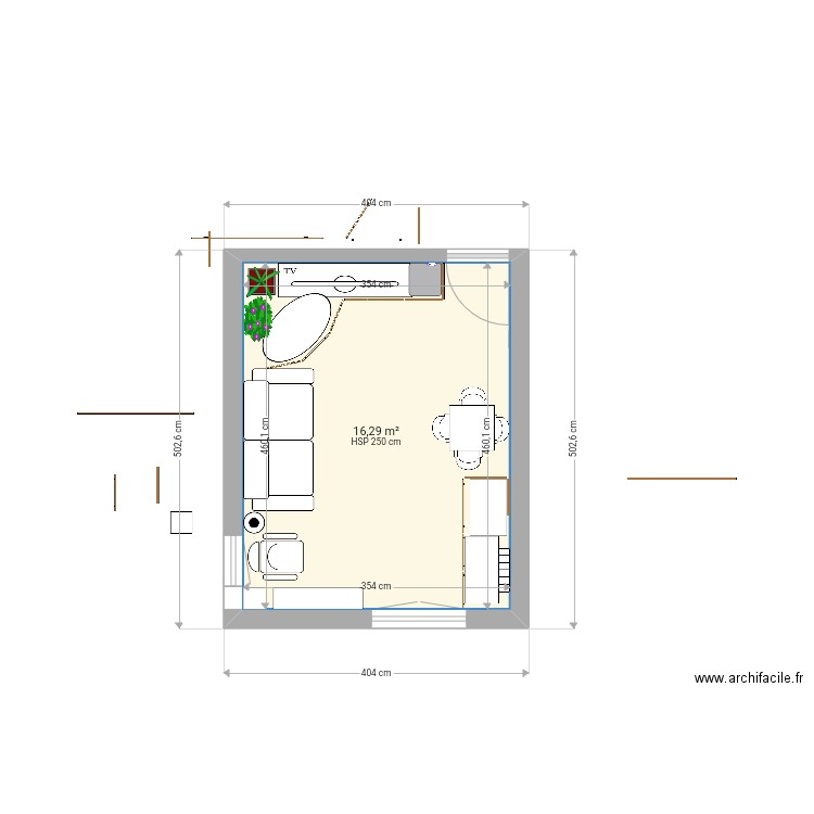 Salon avec planches. Plan de 1 pièce et 16 m2