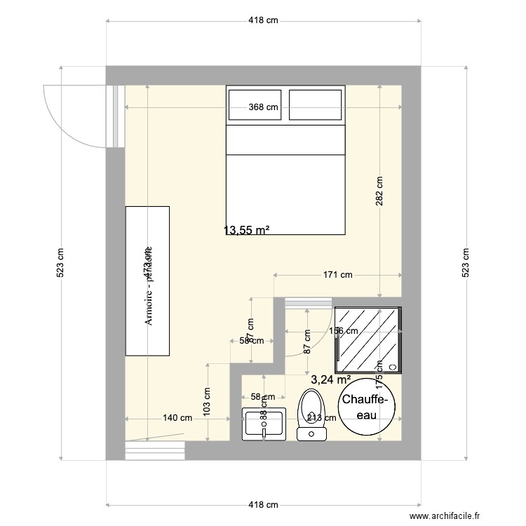 CHAMBRE DU FOND. Plan de 2 pièces et 17 m2