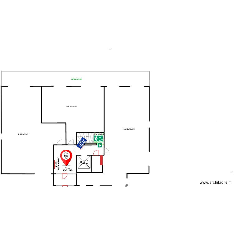 RdcB1. Plan de 1 pièce et 19 m2