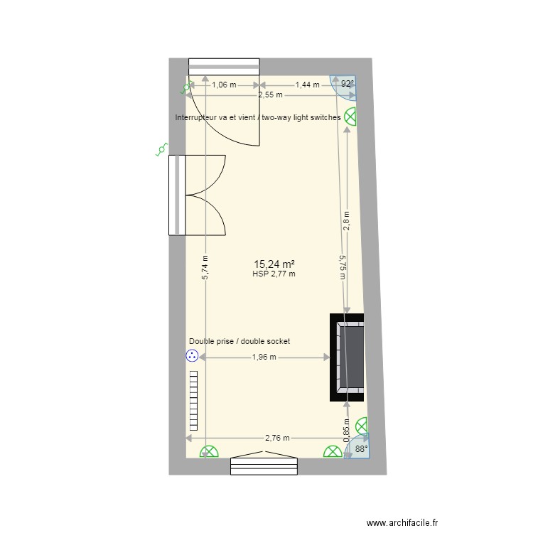 Nébias - SDB au dessus de la Cuisine 2.1. Plan de 1 pièce et 15 m2