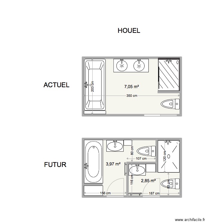 14 BIZET - Salle de bain 2e niveau. Plan de 3 pièces et 14 m2